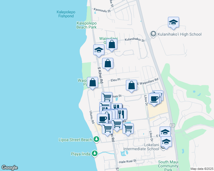 map of restaurants, bars, coffee shops, grocery stores, and more near 9 Eleu Place in Kihei