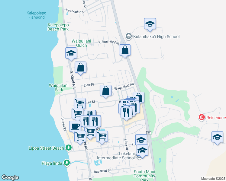 map of restaurants, bars, coffee shops, grocery stores, and more near 1153 Kahaapo Loop in Kihei