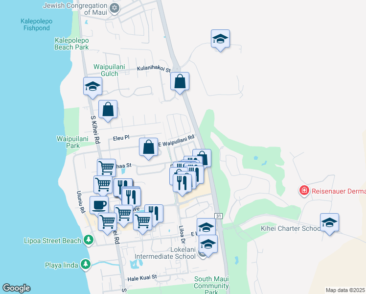 map of restaurants, bars, coffee shops, grocery stores, and more near 23 Luakaha Circle in Kihei