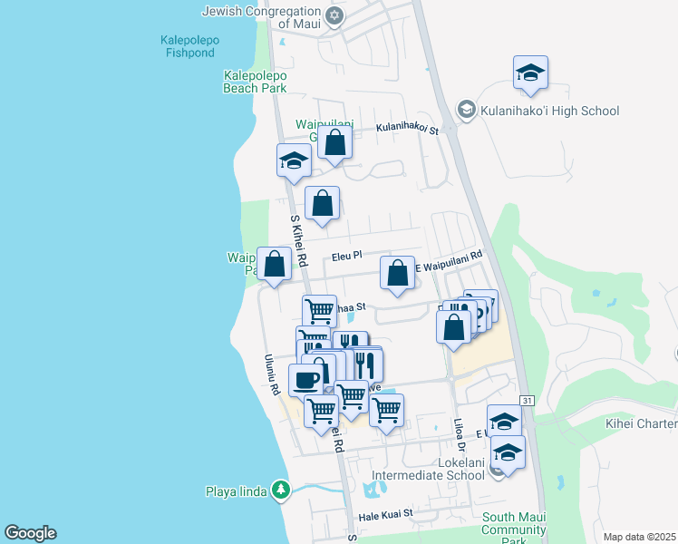 map of restaurants, bars, coffee shops, grocery stores, and more near 55 East Waipuilani Road in Kihei