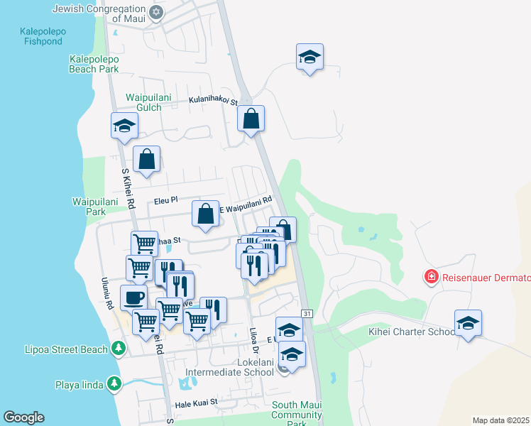 map of restaurants, bars, coffee shops, grocery stores, and more near 15 Akeu Place in Kihei