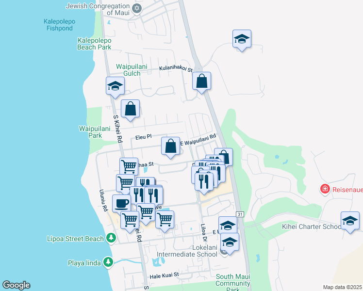 map of restaurants, bars, coffee shops, grocery stores, and more near 1155 Kahaapo Loop in Kihei