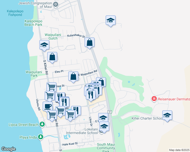 map of restaurants, bars, coffee shops, grocery stores, and more near 15 Akeu Place in Kihei