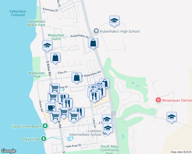 map of restaurants, bars, coffee shops, grocery stores, and more near 8 Akeu Place in Kihei