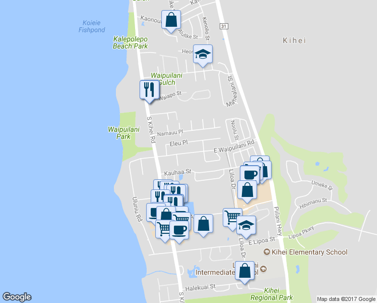 map of restaurants, bars, coffee shops, grocery stores, and more near 95 East Waipuilani Road in Kihei