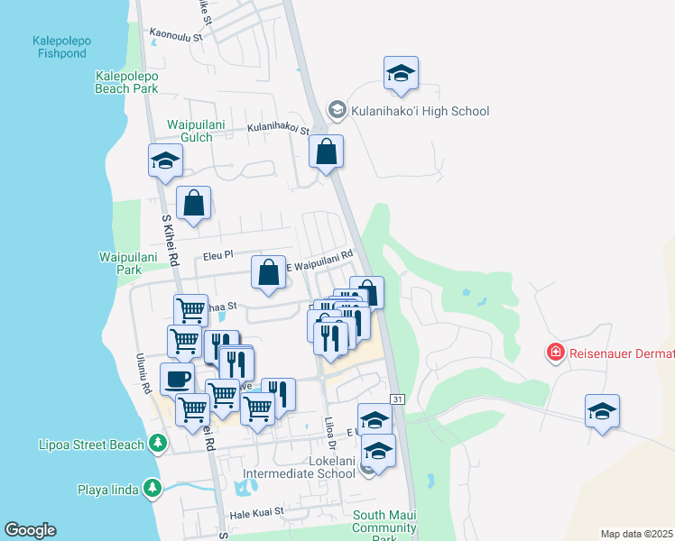 map of restaurants, bars, coffee shops, grocery stores, and more near 8 Akeu Place in Kihei