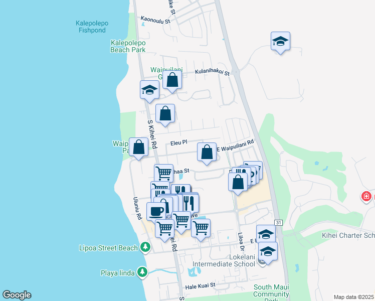 map of restaurants, bars, coffee shops, grocery stores, and more near 95 East Waipuilani Road in Kihei