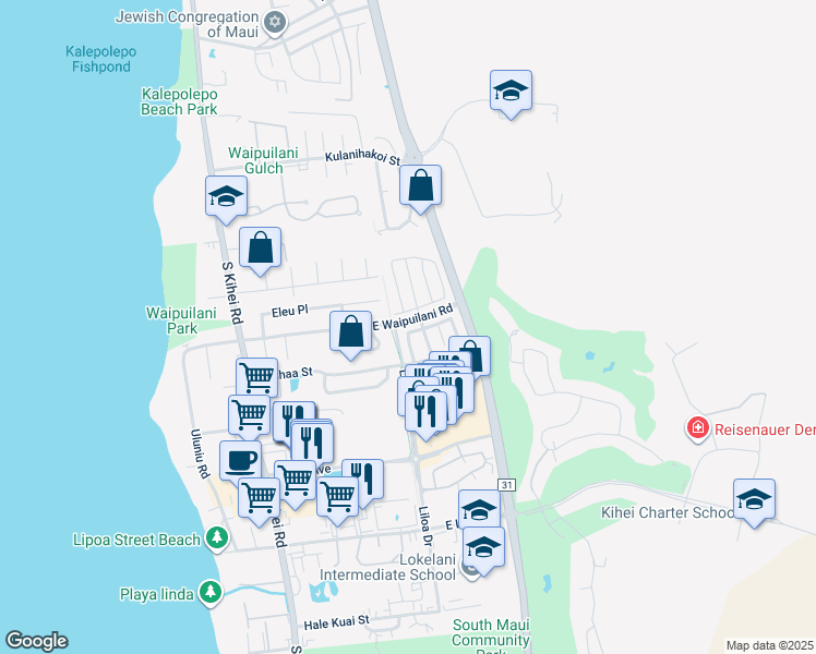 map of restaurants, bars, coffee shops, grocery stores, and more near 14 Wawali Street in Kihei
