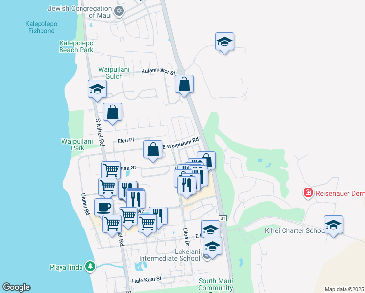 map of restaurants, bars, coffee shops, grocery stores, and more near 8 Wawali Street in Kihei