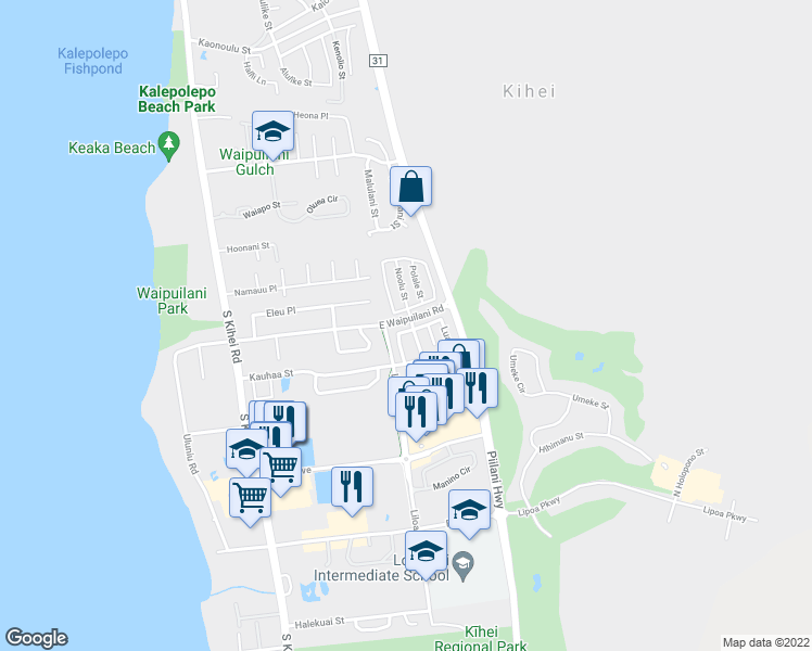 map of restaurants, bars, coffee shops, grocery stores, and more near 8 Wawali Street in Kihei