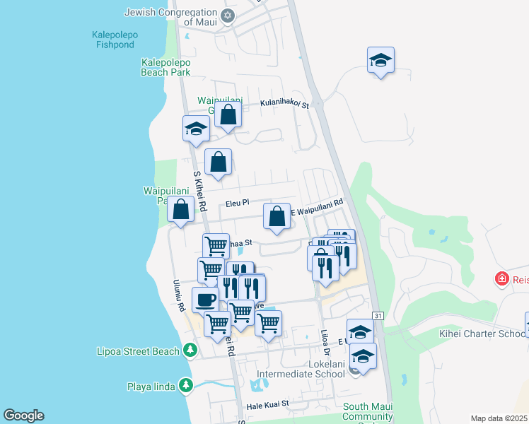 map of restaurants, bars, coffee shops, grocery stores, and more near 125 East Waipuilani Road in Kihei
