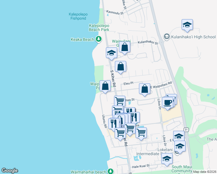 map of restaurants, bars, coffee shops, grocery stores, and more near 1032 South Kihei Road in Kihei