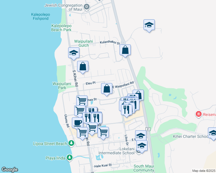 map of restaurants, bars, coffee shops, grocery stores, and more near 153 East Waipuilani Road in Kihei
