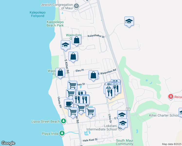 map of restaurants, bars, coffee shops, grocery stores, and more near 1049 Hou Street in Kihei