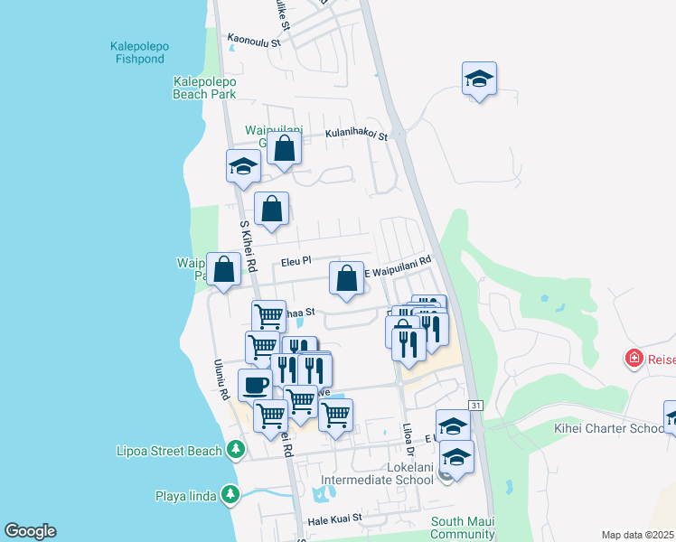 map of restaurants, bars, coffee shops, grocery stores, and more near 1049 Hou Street in Kihei