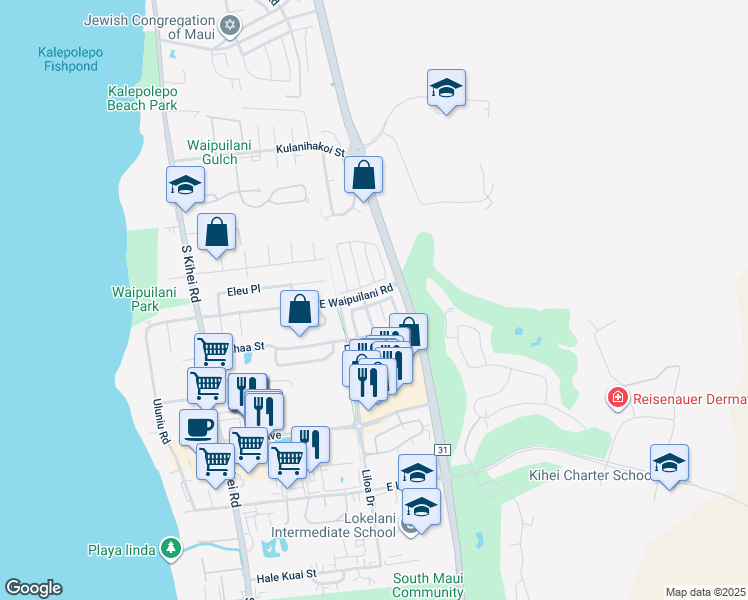 map of restaurants, bars, coffee shops, grocery stores, and more near 226 Luakaha Circle in Kihei