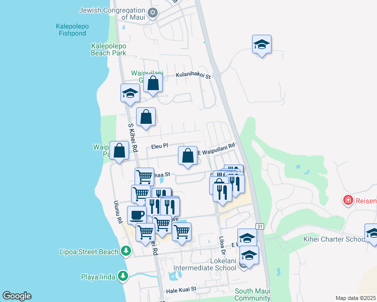 map of restaurants, bars, coffee shops, grocery stores, and more near 153 East Waipuilani Road in Kihei
