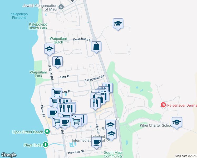 map of restaurants, bars, coffee shops, grocery stores, and more near 226 Luakaha Circle in Kihei