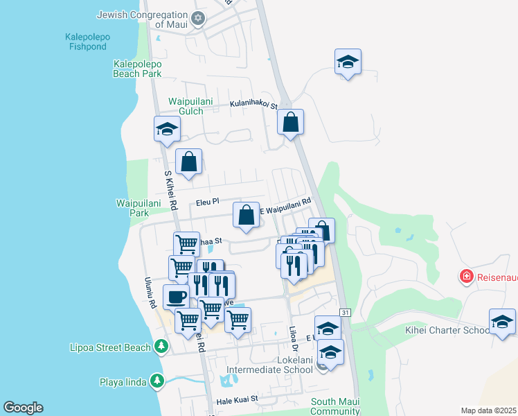 map of restaurants, bars, coffee shops, grocery stores, and more near 177 East Waipuilani Road in Kihei