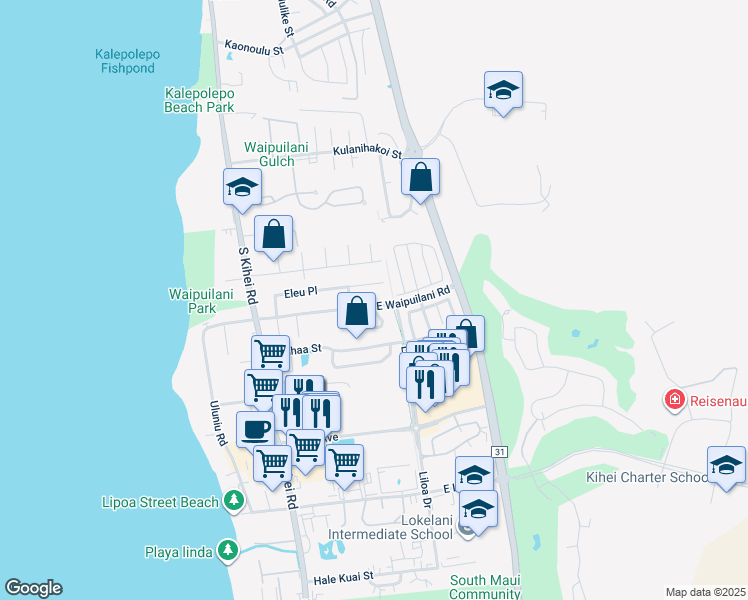 map of restaurants, bars, coffee shops, grocery stores, and more near 177 East Waipuilani Road in Kihei