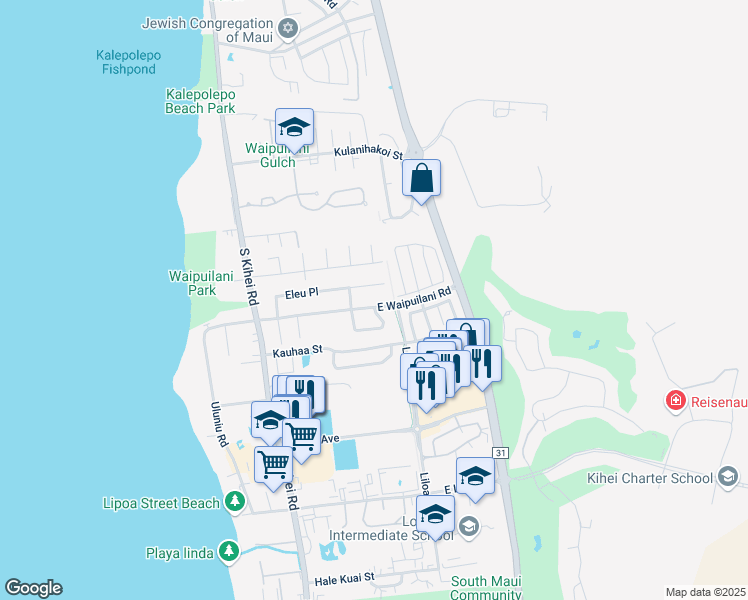 map of restaurants, bars, coffee shops, grocery stores, and more near 1155 Kahaapo Loop in Kihei