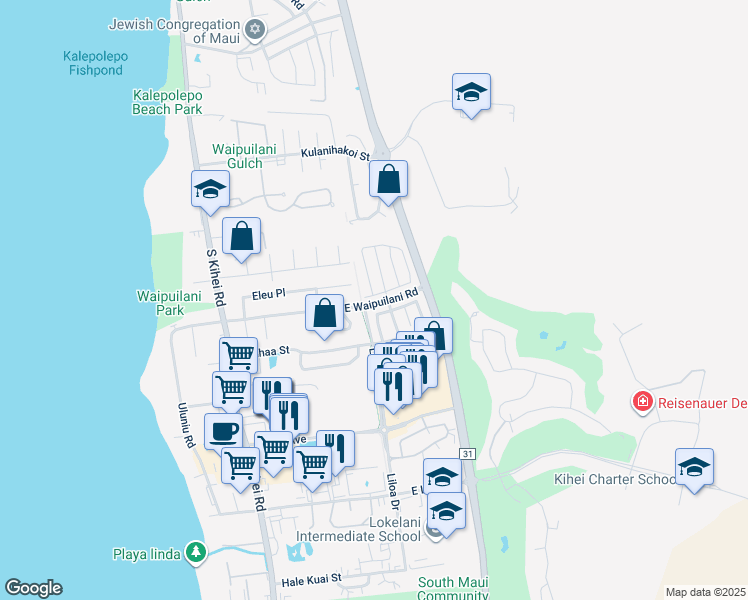 map of restaurants, bars, coffee shops, grocery stores, and more near 300 Kawailani Circle in Kihei