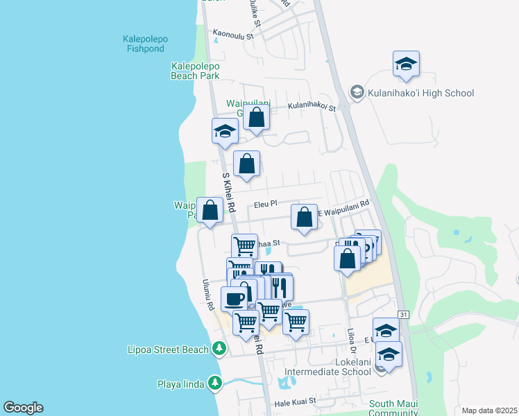 map of restaurants, bars, coffee shops, grocery stores, and more near 54 Eleu Place in Kihei