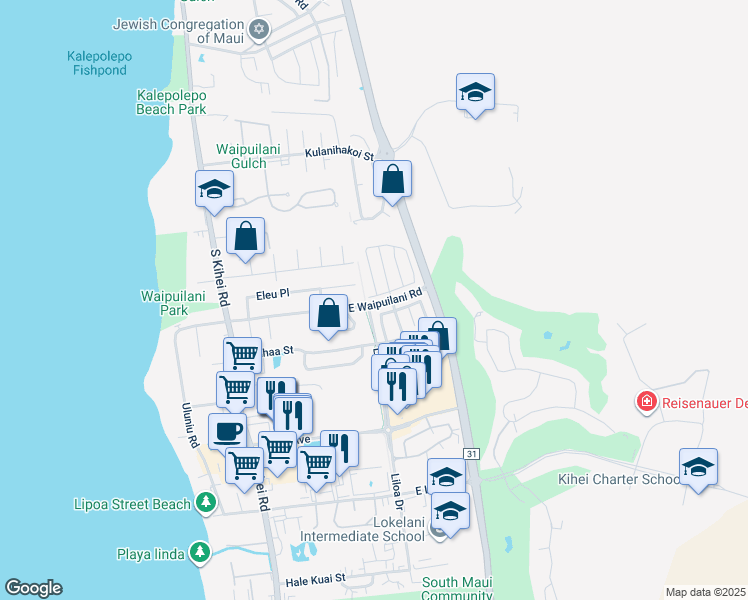 map of restaurants, bars, coffee shops, grocery stores, and more near 294 Kawailani Circle in Kihei