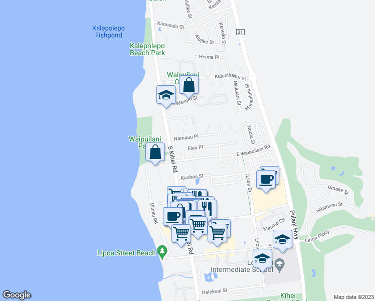 map of restaurants, bars, coffee shops, grocery stores, and more near 48 Eleu Place in Kihei