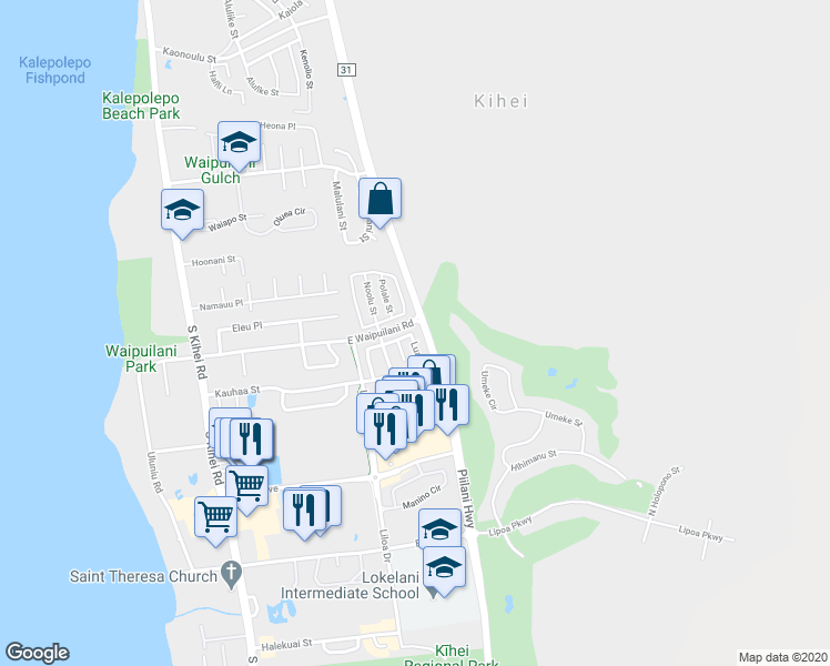 map of restaurants, bars, coffee shops, grocery stores, and more near 200 Luakaha Circle in Kihei