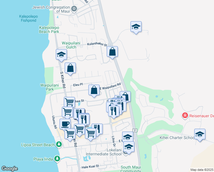 map of restaurants, bars, coffee shops, grocery stores, and more near 294 Kawailani Circle in Kihei