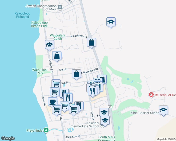 map of restaurants, bars, coffee shops, grocery stores, and more near 300 Kawailani Circle in Kihei