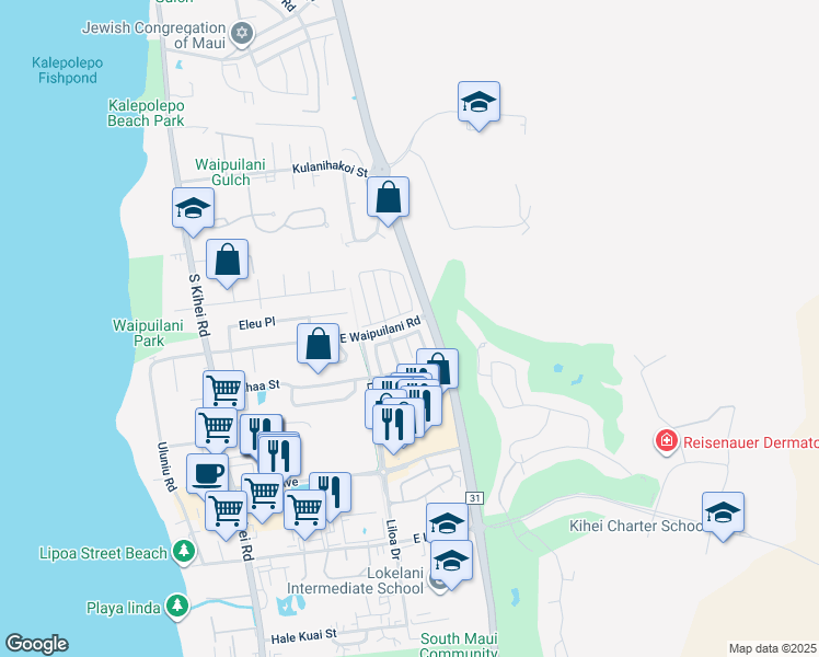 map of restaurants, bars, coffee shops, grocery stores, and more near 210 Luakaha Circle in Kihei