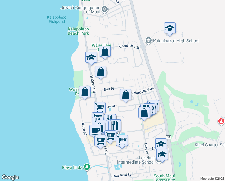 map of restaurants, bars, coffee shops, grocery stores, and more near 90 Eleu Place in Kihei