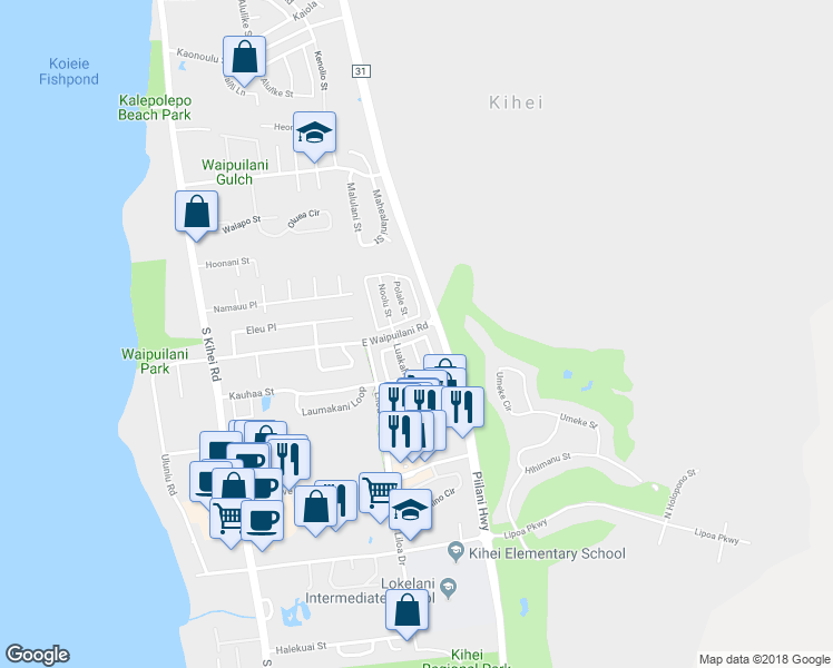 map of restaurants, bars, coffee shops, grocery stores, and more near 210 Luakaha Circle in Kihei