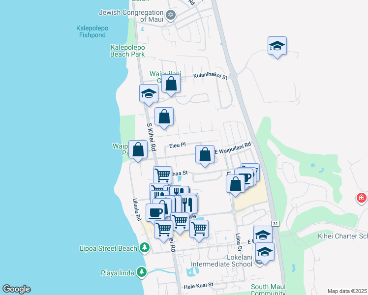 map of restaurants, bars, coffee shops, grocery stores, and more near 90 Eleu Place in Kihei