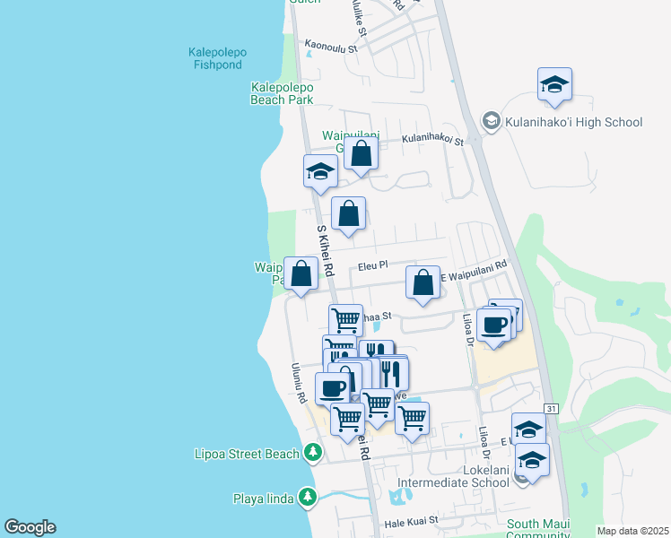 map of restaurants, bars, coffee shops, grocery stores, and more near 9 Eleu Place in Kihei