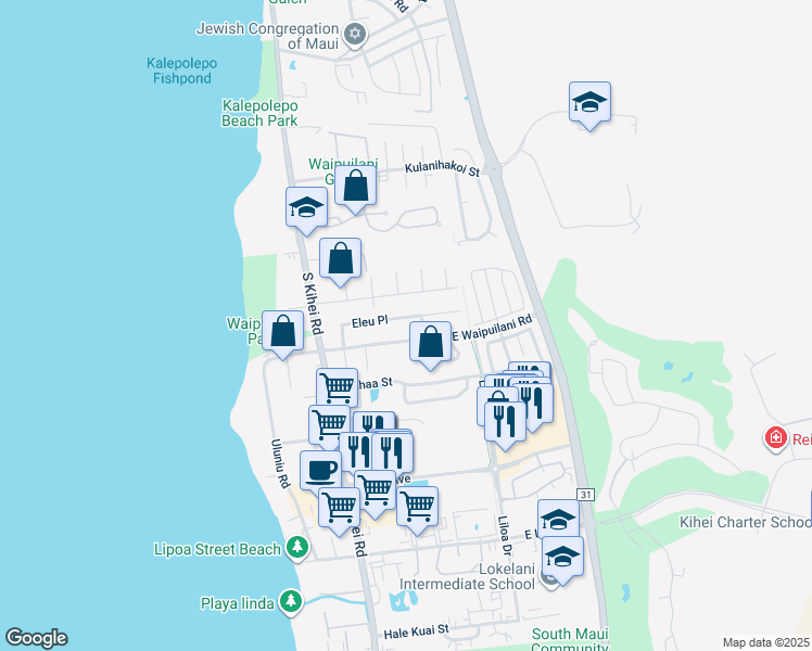 map of restaurants, bars, coffee shops, grocery stores, and more near 120 Eleu Place in Kihei