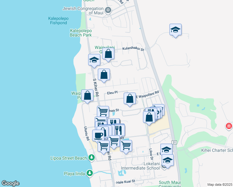 map of restaurants, bars, coffee shops, grocery stores, and more near 90 Eleu Place in Kihei