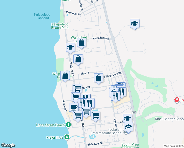 map of restaurants, bars, coffee shops, grocery stores, and more near 114 Eleu Place in Kihei