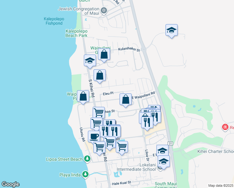 map of restaurants, bars, coffee shops, grocery stores, and more near 114 Eleu Place in Kihei