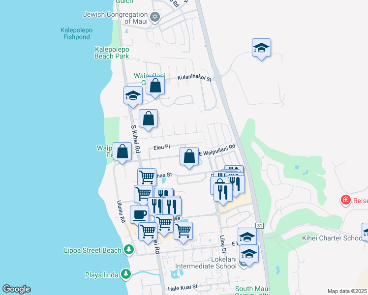 map of restaurants, bars, coffee shops, grocery stores, and more near 136 Eleu Place in Kihei