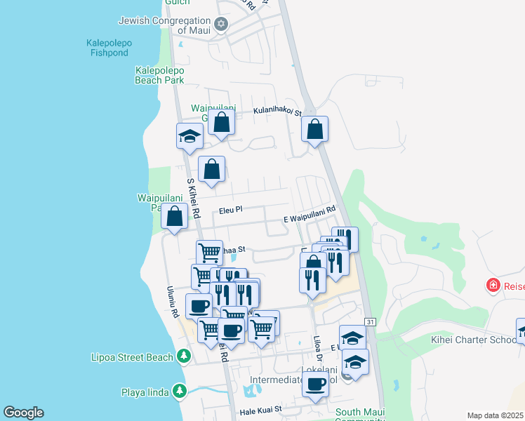map of restaurants, bars, coffee shops, grocery stores, and more near 125 East Waipuilani Road in Kihei