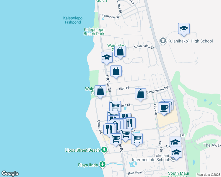 map of restaurants, bars, coffee shops, grocery stores, and more near 1011 South Kihei Road in Kihei