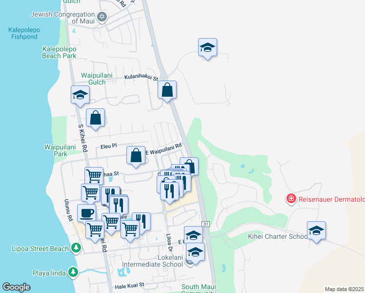 map of restaurants, bars, coffee shops, grocery stores, and more near 187 Luakaha Circle in Kihei