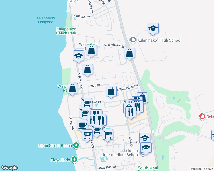 map of restaurants, bars, coffee shops, grocery stores, and more near 132 Eleu Place in Kihei