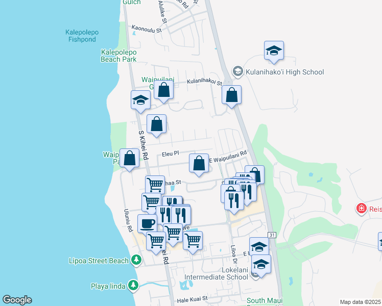 map of restaurants, bars, coffee shops, grocery stores, and more near 132 Eleu Place in Kihei
