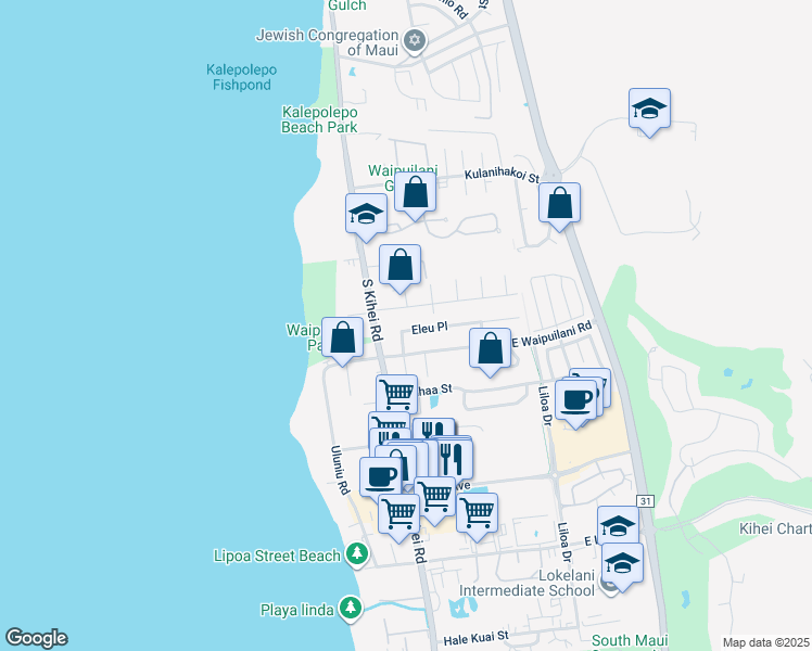 map of restaurants, bars, coffee shops, grocery stores, and more near 41 Eleu Place in Kihei