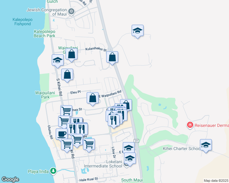 map of restaurants, bars, coffee shops, grocery stores, and more near 24 Kawailani Circle in Kihei