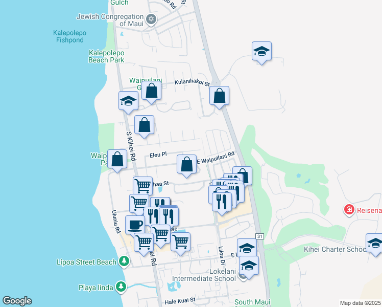 map of restaurants, bars, coffee shops, grocery stores, and more near 166 Eleu Place in Kihei